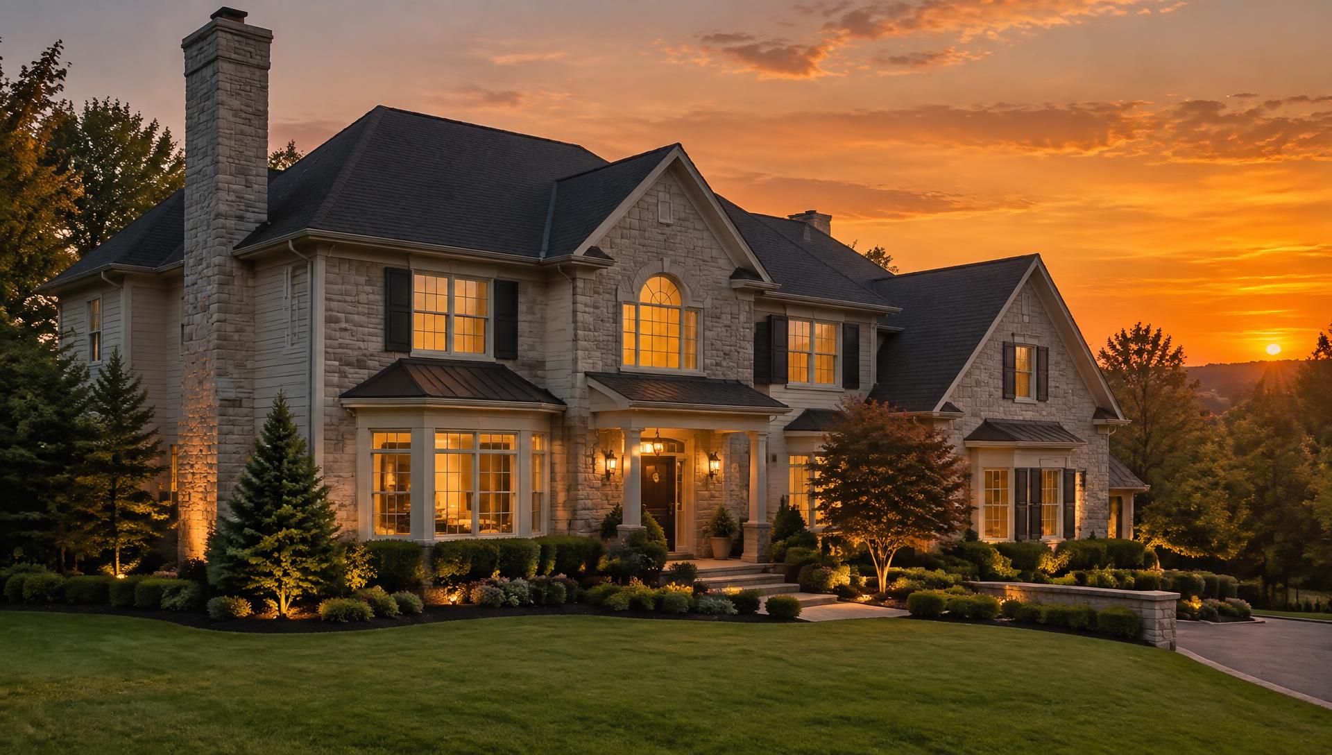 Premium New Jersey home with a dark shingle roof and stone chimney at golden hour
