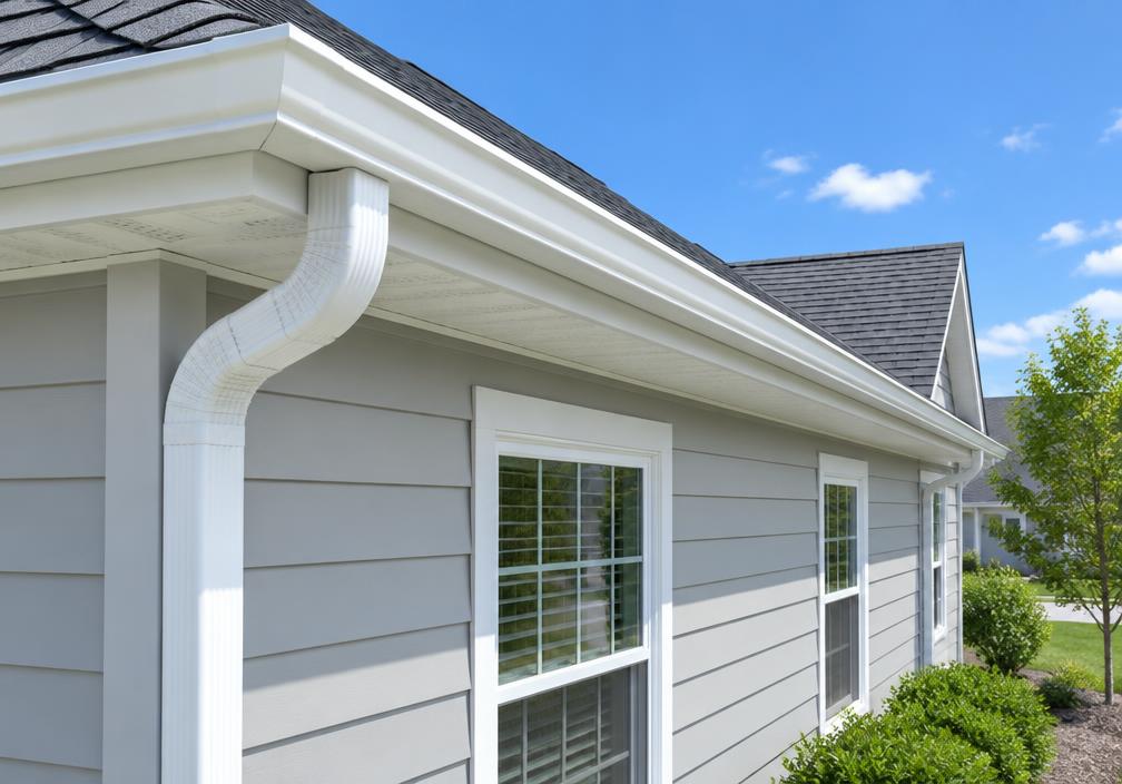 Newly installed white seamless gutters along a home's roof edge